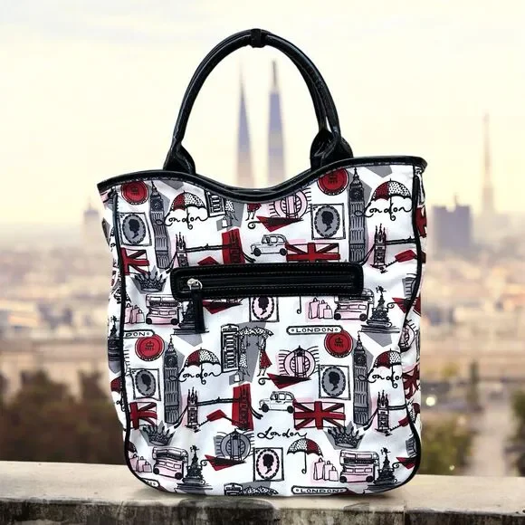 Lulu Guinness City London Tote Red Black Patent Trim Hand Bag Purse Betsy Coutur - Picture 4 of 9